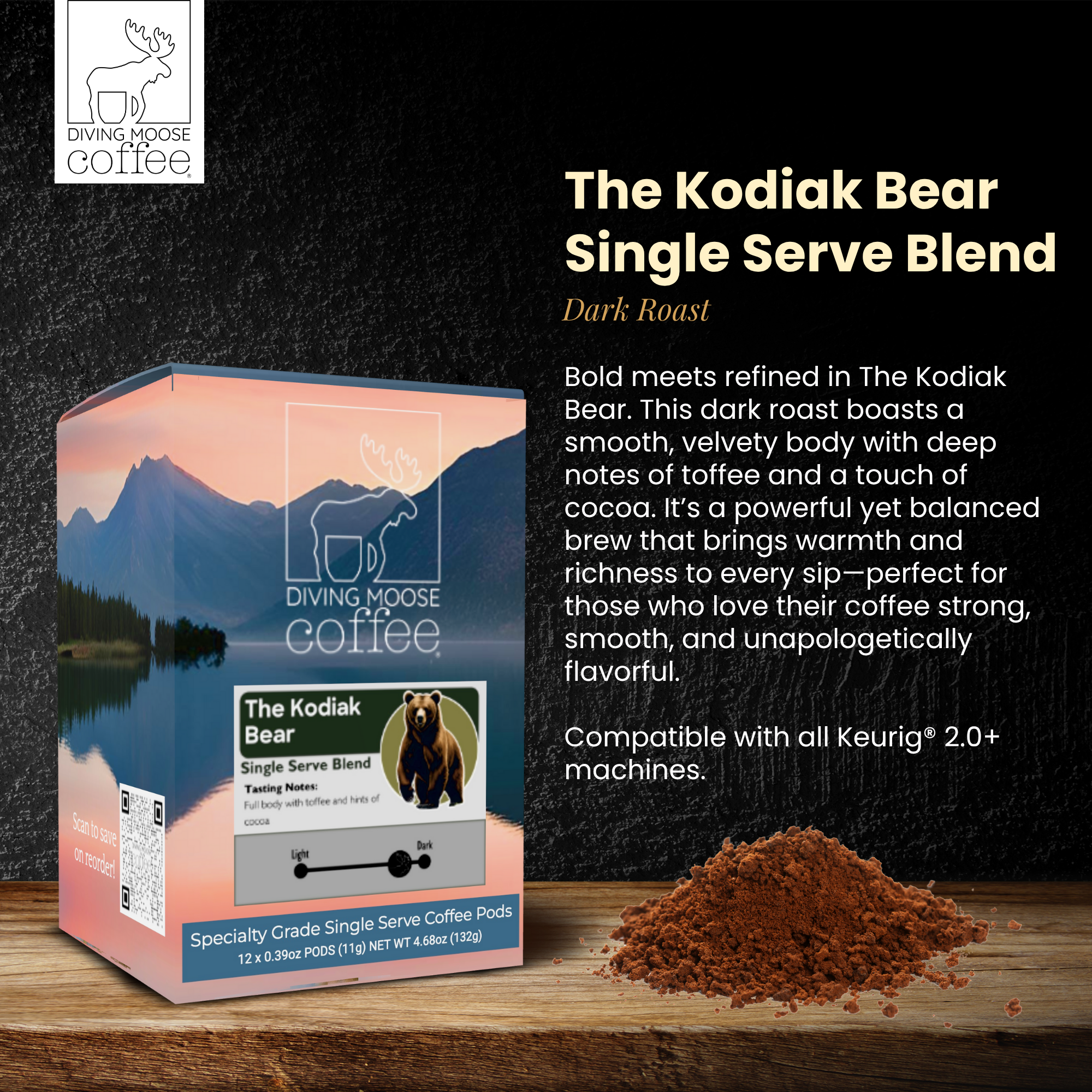 The Kodiak Bear - 12 Single Serve Coffee Pods Dark Roast Blend